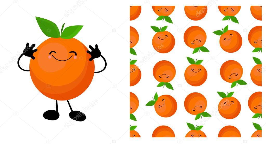 Orange character. Cute cartoon fruit. illustration isolated on a white background. Citruses seamless pattern.