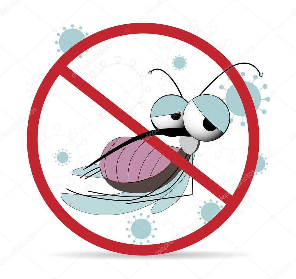 Funny mosquito prohibition sign. Stop insects. Vector character with wings.