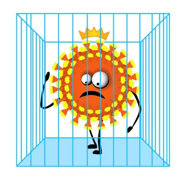 Kafesteki komik Virüs Covid-19 karakteri. Salgını sona erdirmek. Virüsten sonraki dünya. Toparlanma. Bir salgının küresel ekonomi üzerindeki etkisi kavramı. Ekonomik kriz.