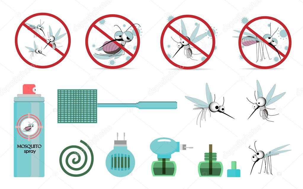 Means of protection against mosquitoes. Pest control. Mosquitoes. Insecticides. Fumigator, fly swatter, mosquito spray INSECT CHARACTERS