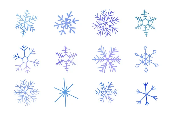 Kolekce Umělecky Modrých Sněhových Vloček Akvarelovou Strukturou Zásobní Vektor Nastaven — Stockový vektor