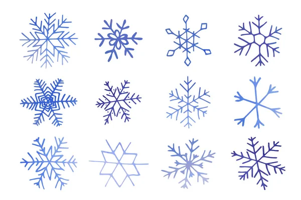 예술적 파란색 눈송이들 수채화로 그려져 있습니다 인쇄물 포스터 로고에 수있습니다 — 스톡 벡터