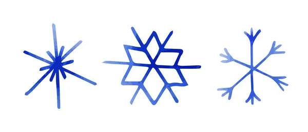 Samling Konstnärliga Blå Snöflingor Med Akvarell Struktur Lagervektor Inställd Kan — Stock vektor