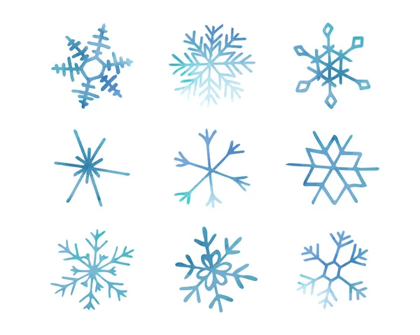 收集具有水色质感的艺术蓝色雪花 种群向量集 可用于印刷材料 印刷品 摘要背景 手绘冬季装饰元素 — 图库矢量图片