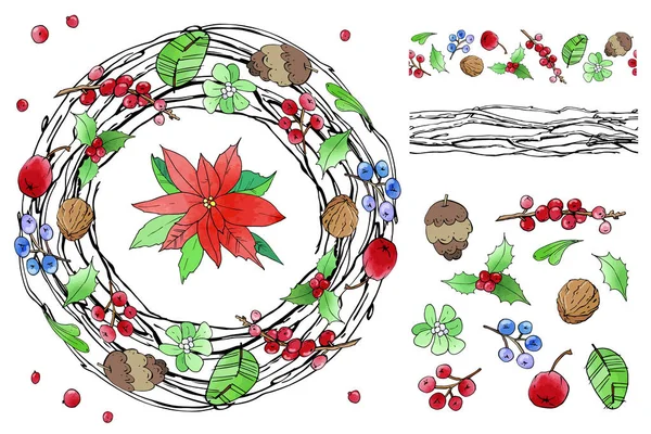 Branches Noël Avec Des Feuilles Rouges Vertes Ensemble Vectoriel — Image vectorielle