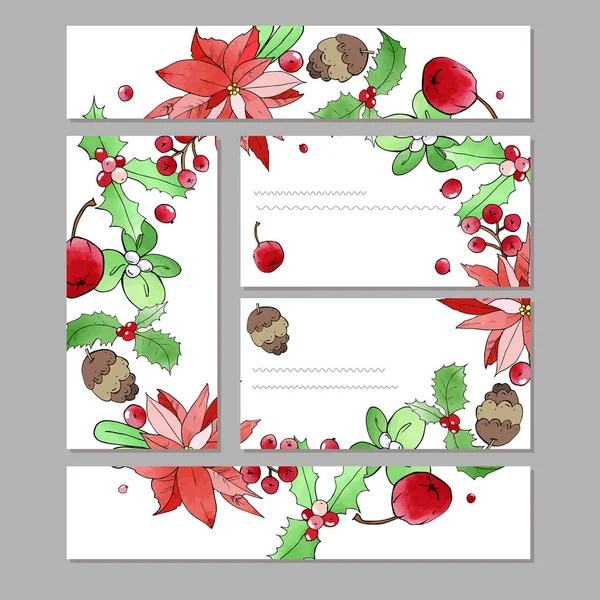 Coleção Cinco Cartões Natal Com Ornamento Botânico Decoração Inverno Férias — Vetor de Stock