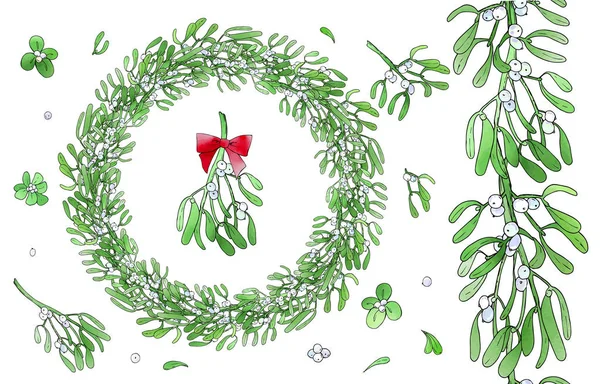 Christmas Endless Brush Mistletoe Branch Beautiful Wreath Red Ribbon Bow — ストックベクタ