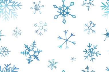 Artistik mavi kar taneleri olan kusursuz bir Noel deseni. Vektör ayarlandı. Yazılı materyaller, baskılar, posterler, kartlar, duvar kağıtları için kullanılabilir. Tatil geçmişi. El çizimi dekoratif öğeler. 