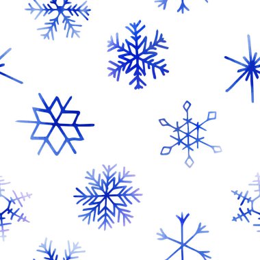 Artistik mavi kar taneleri olan kusursuz bir Noel deseni. Vektör ayarlandı. Yazılı materyaller, baskılar, posterler, kartlar, duvar kağıtları için kullanılabilir. Tatil geçmişi. El çizimi dekoratif öğeler. 