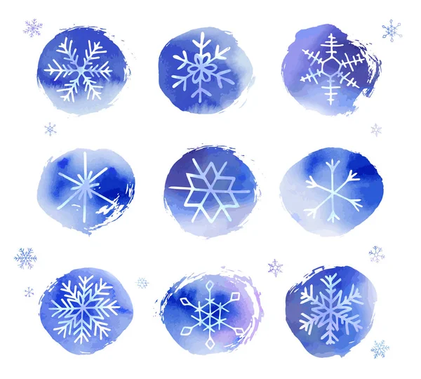 Collectie Van Artistieke Blauwe Sneeuwvlokken Sneeuwballen Met Aquareltextuur Voorraadvector Ingesteld — Stockvector