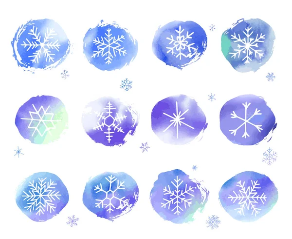Kolekcja Artystycznych Niebieskich Płatków Śniegu Śnieżnych Kul Akwarelową Fakturą Akcje — Wektor stockowy