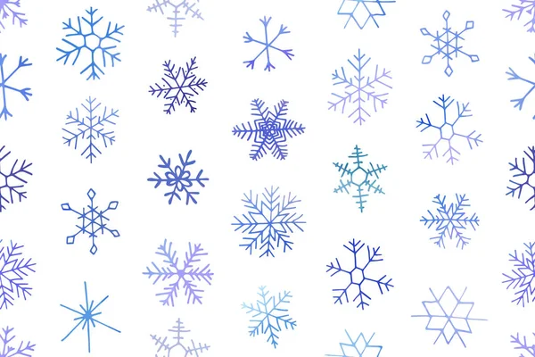 芸術的な青い雪の結晶と冬のクリスマスのシームレスなパターン ベクトルセット印刷物 プリント ポスター カード 壁紙に使用できます 休日の背景 手描きの装飾的要素 — ストックベクタ