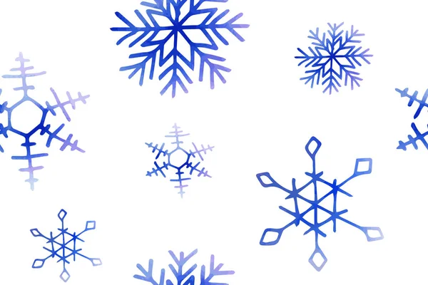 芸術的な青い雪の結晶と冬のクリスマスのシームレスなパターン ベクトルセット印刷物 プリント ポスター カード 壁紙に使用できます 休日の背景 手描きの装飾的要素 — ストックベクタ