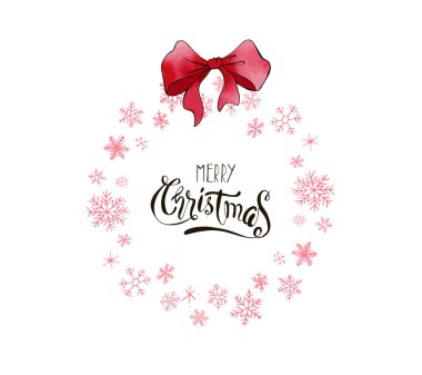 Kırmızı fiyonklu, Noel sanatsal pembe kar tanesi çelengi ve şenlikli harfler. Stok vektörü ayarlandı. Yazılı materyaller, baskılar, posterler, kartlar, logolar için kullanılabilir. Soyut arkaplan. El çizimi dekoratif öğeler. 