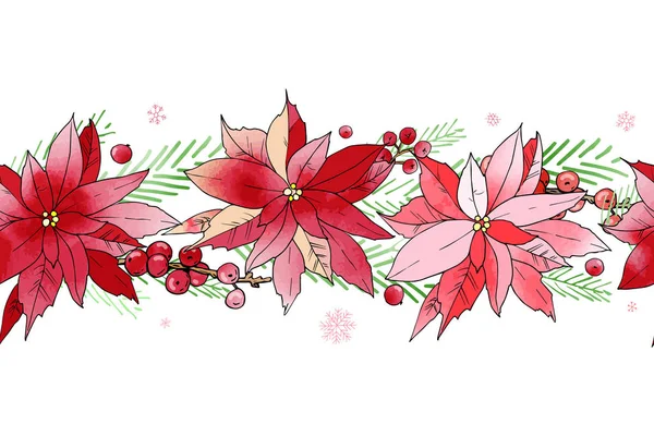 Christmas Seamless Brush Poinsettia Flowers Fir Branches Rowans Holiday Decoration — Stock Vector