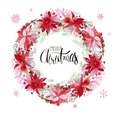 Nokta çiçekli Noel çelengi, köknar dalları ve el yazması harflerle yazılmış Rowanlar. Tatil dekorasyonu. Kartpostallar, selamlar, kartlar, logolar için. Suluboya desenli el yapımı elementler. Şenlikli arkaplan.