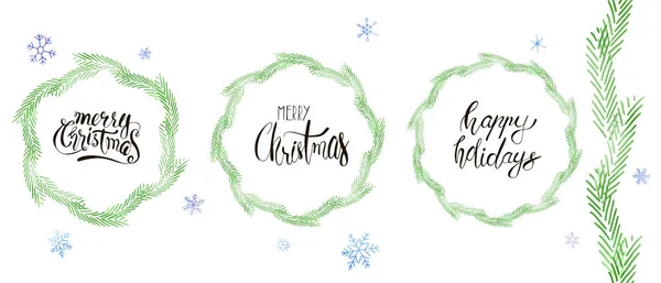 Collection Seamless Christmas Border Brush Fir Pine Branches Wreath Hand — ストックベクタ