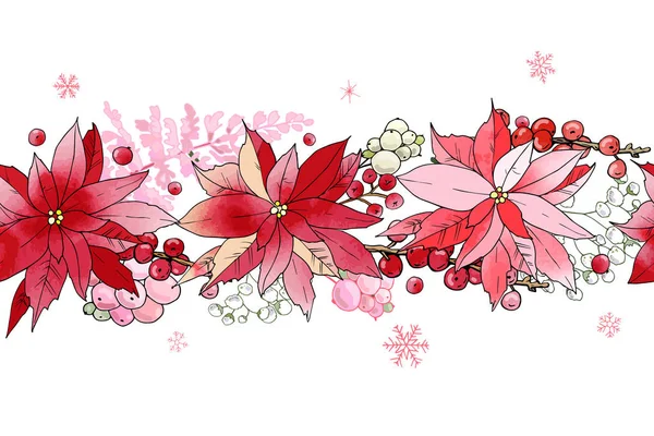 Natal Mulus Kuas Perbatasan Dari Bunga Poinsettia Snowberries Dan Rowans - Stok Vektor