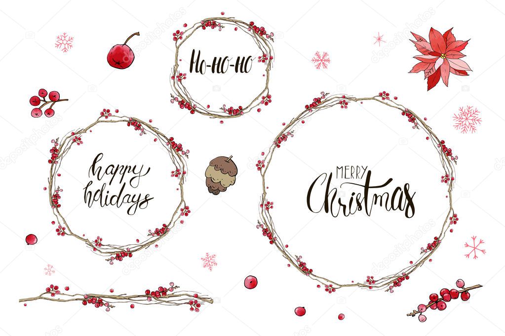 Collection of branch rowan wreathes with seamless brush and christmas doodles. Vector set. For printed materials, prints, posters, cards, logo. Holiday background. Hand drawn decorative natural elements with hand written lettering calligraphy.