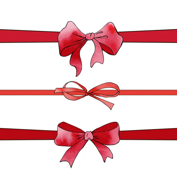 Festive Collection Red Ribon Tied Bows Watercolor Texture Holiday Collection — Stock Vector