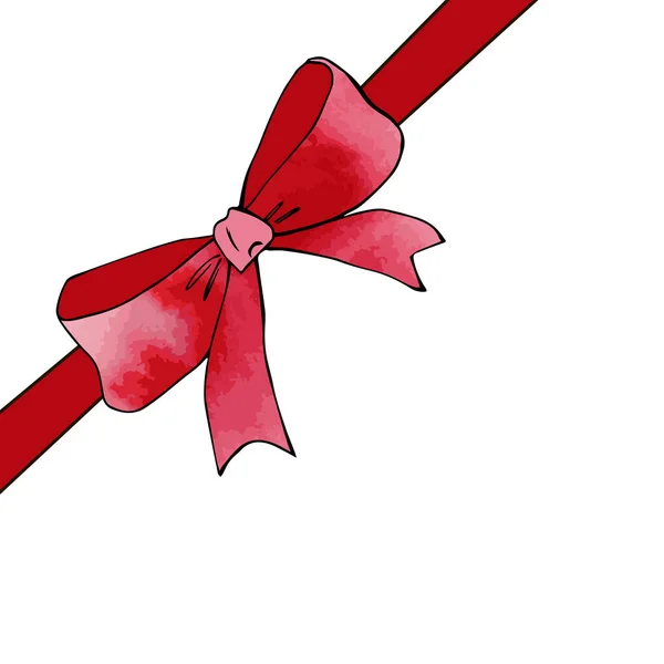 祭りの赤いリボンは 水彩の質感で弓を結びました 休日のデザイン はがき カード ロゴのために 手描きのパッケージとボックスの装飾 誕生日 記念日 バレンタイン — ストックベクタ