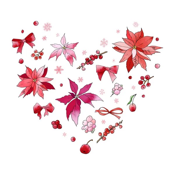 Corazón Navidad Poinsettia Lazos Cinta Bayas Copos Nieve Decoraciones Rojas — Vector de stock