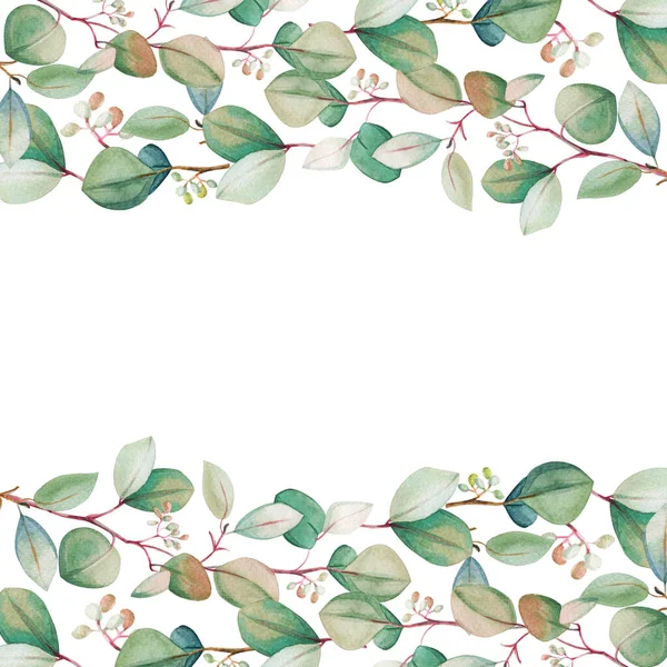 Akwarela Kwiatowy Eukaliptusowy Liść Ramki Szablon Ręcznie Rysowane Wiosna Lato — Zdjęcie stockowe