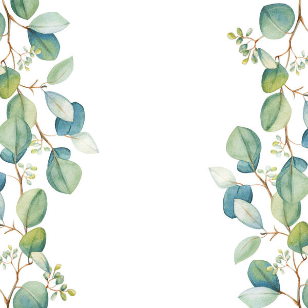 Watercolor floral eucalyptus leaf frame template. Hand drawn spring and summer decorative illustration. Wedding, birthday and Valentine drawing. For greeting cards, invitations, floral design. Flower decoration.                                 