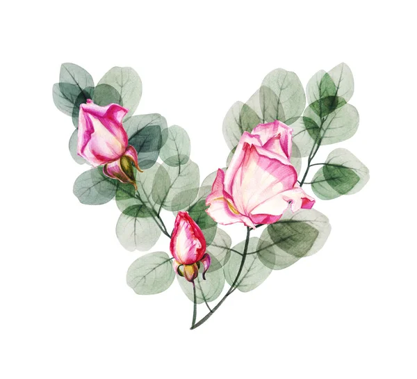 Aquarelle Fleurs Roses Eucalyptus Branche Feuille Coeur Illustration Printemps Été — Photo