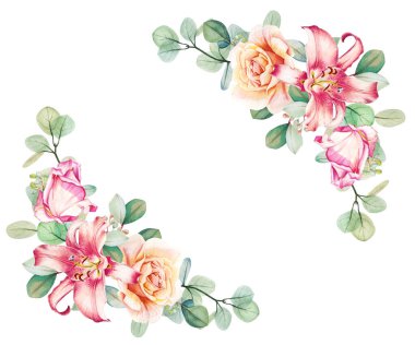Okaliptüs yaprağı desenli suluboya güller ve zambak buketi. El çizimi bahar ve yaz dekoratif çizim seti. Düğün, doğum günü ve sevgililer günü resmi. Tebrik kartları, davetiyeler, çiçek tasarımı için. Çiçek süslemesi.            