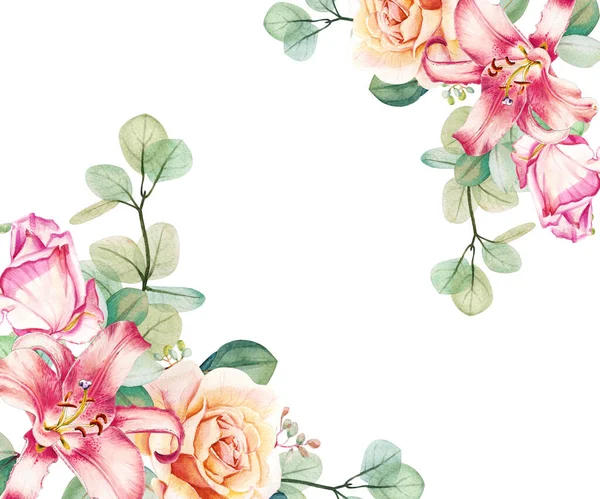 Akvarelové Růže Lilie Kytice Eukalyptovým Listovým Rámečkem Ručně Kreslená Jarní — Stock fotografie