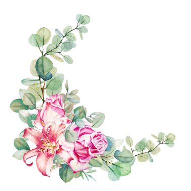 Suluboya çiçek okaliptüs, güller ve zambak deseni. El çizimi çizimi. Düğün, doğum günü ve sevgililer günü dairesi çizimi. Tebrik kartları, davetiyeler, çiçek tasarımı için. Çiçek dekorasyonu.                               