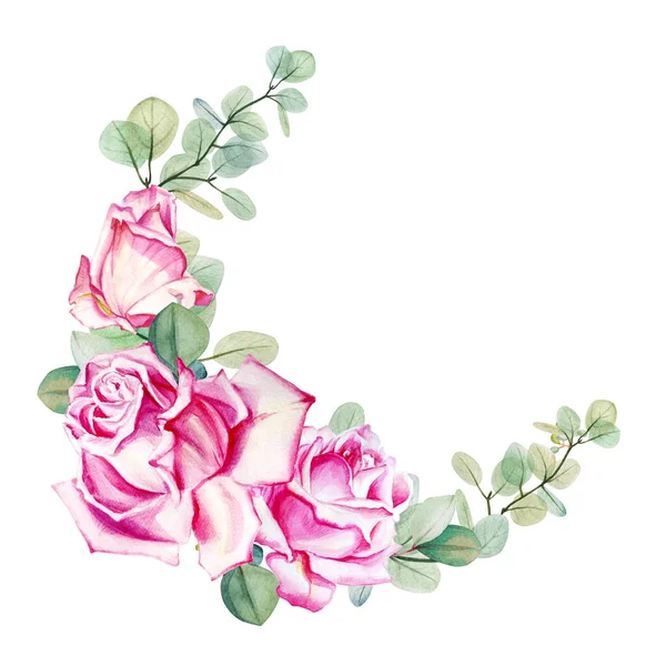 Aquarela Floral Eucalipto Rosas Bouquet Frame Template Ilustração Desenhada Mão — Fotografia de Stock