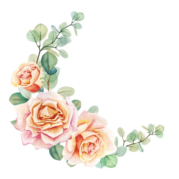 Watercolor Floral Eucalyptus Roses Bouquet Frame Template Dalam Bahasa Inggris — Stok Foto