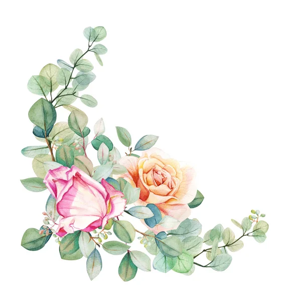 Akvarel Květinové Eukalyptus Růže Kytice Rám Šablony Ručně Kreslená Ilustrace — Stock fotografie