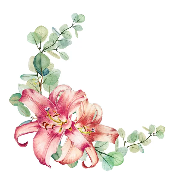 水彩の花ユーカリ バラとユリの花束フレームテンプレート 手描き