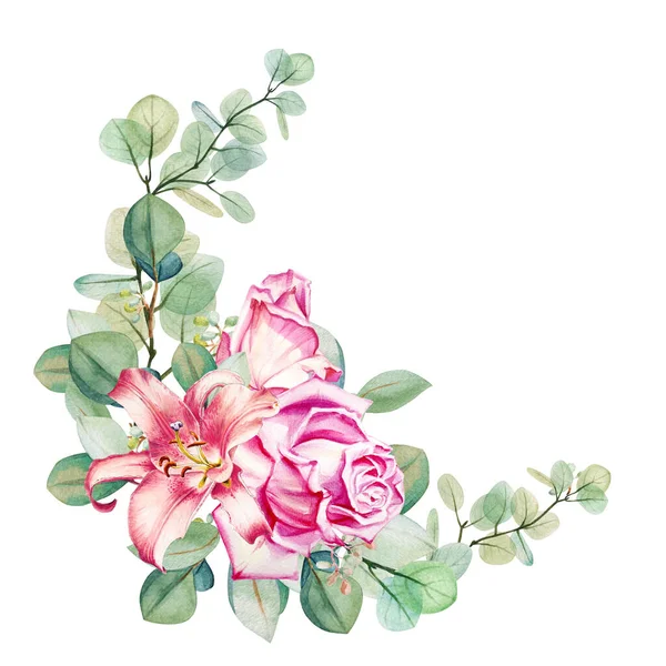 Akvarell Blommig Eukalyptus Rosor Och Lilja Bukett Ram Mall Handritad — Stockfoto