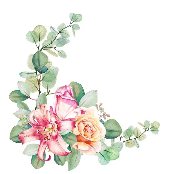 Modèle Cadre Bouquet Eucalyptus Floral Aquarelle Roses Lis Illustration Dessinée — Photo