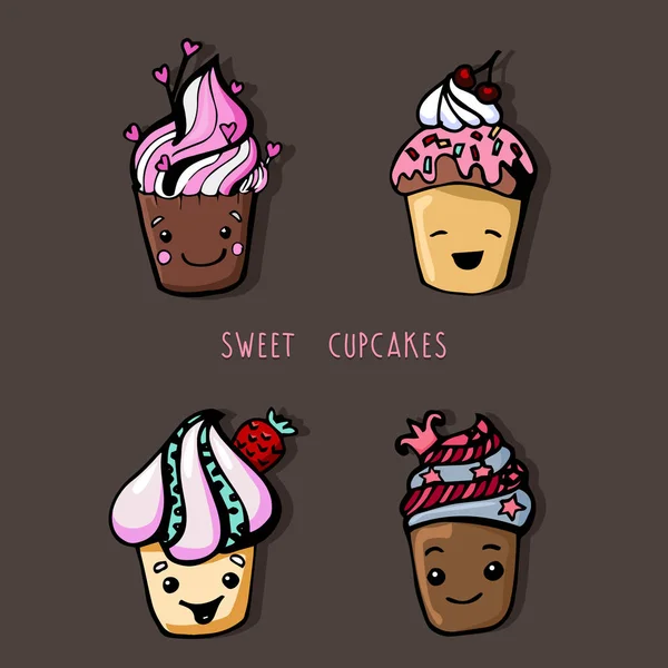 Ilustracja Wektor Zabawny Znaków Cupcake — Wektor stockowy