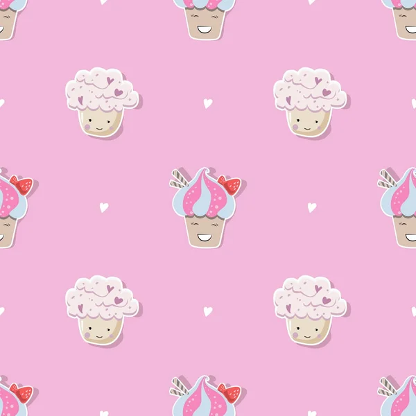 Cute Cupcakes Seamless Pattern — Stock Vector