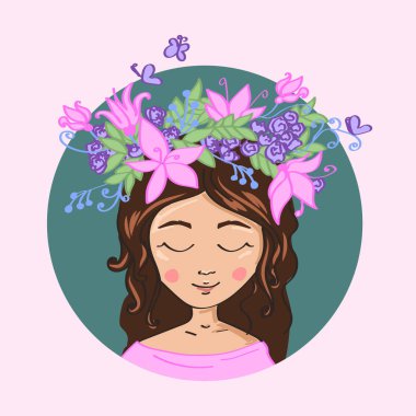 çiçek çelenk başında kızla