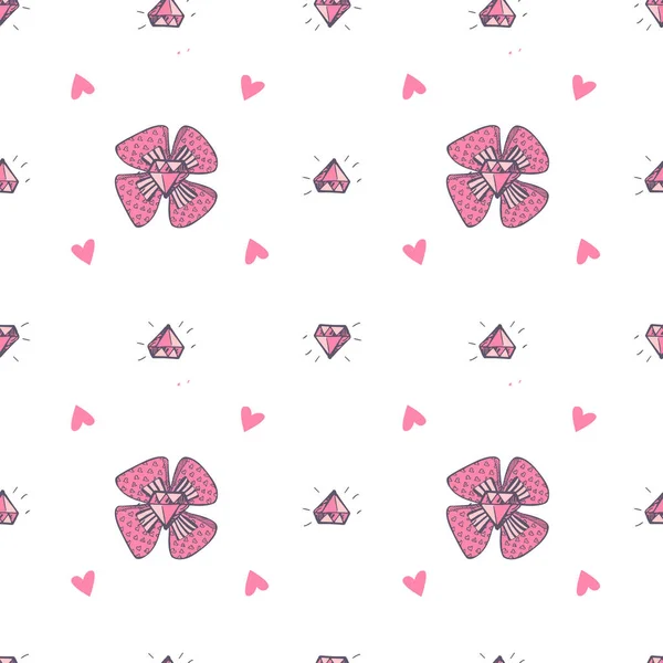 Seamless Pattern Bows Hearts — Stock Vector