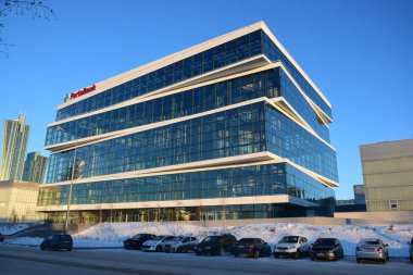 Astana (Nur-Sultan), Kazakistan - Kazakistan 'ın başkenti Astana' da (Nur-Sultan) modern binaların manzarası