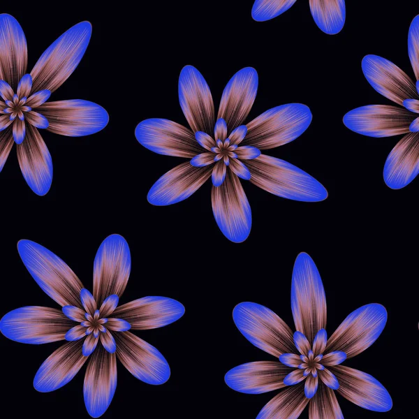 Padrão de repetição sem costura com flores em azul no fundo preto — Fotografia de Stock