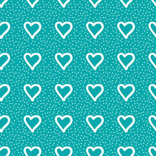 Cute seamless pattern with white hearts and stars on aqua menthe, — ストック写真