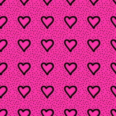 Şirin, pürüzsüz bir desen, siyah kalpler ve pembe magent üzerinde yıldızlar.