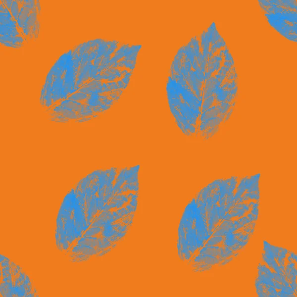 Blue and orange abstract leaves silhouette seamless pattern. Hand drawn leaf silhouettes with scribble textures. Natural elements in  colors.  grunge design for paper, fabric