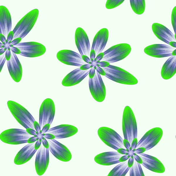 Seamless repeat pattern with flowers in blue and green on white — ストック写真