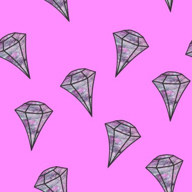  Kusursuz çizim. Pembe arka planda pembe kristal. Düz tasarım mücevher. Kalıp ambalaj kağıdı, arkaplan, kumaş baskısı, web sayfası arkaplanı, duvar kağıdı olarak kullanılabilir