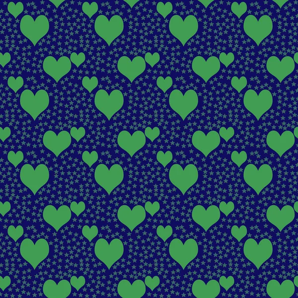 Azul sem costura padrão verde corações dia dos namorados modelo de volta — Fotografia de Stock